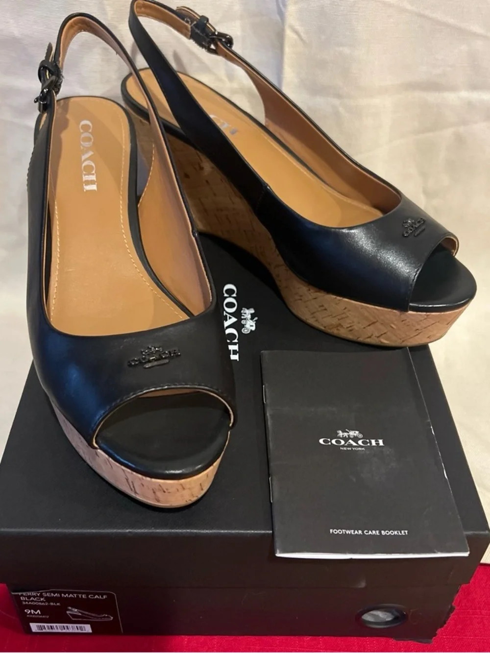 COACH Black Leather Peep-Toe Cork Wedge Slingbacks